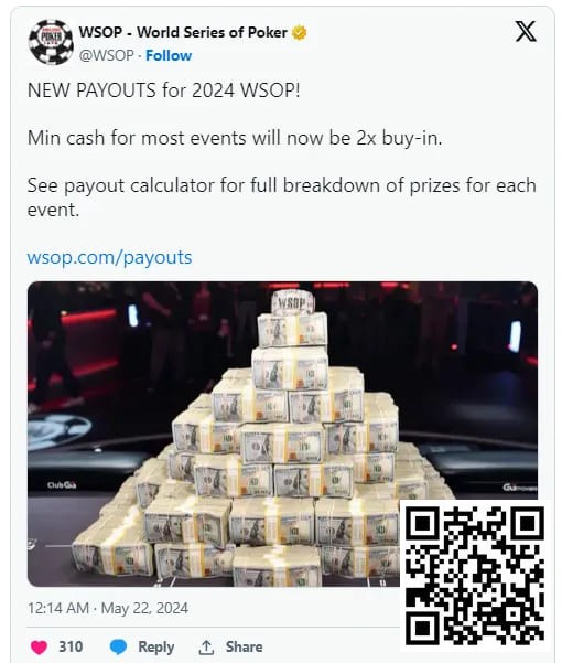 【APT扑克】2024年WSOP奖金结构升级，蕞低可拿到两倍门票钱